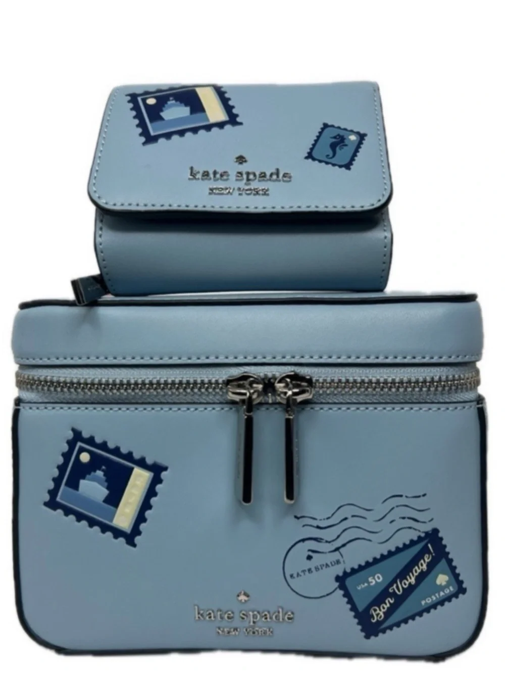 Kate Spade Off the Grid Passport Bon Voyage Luggage Set Blue Bag and Wallet